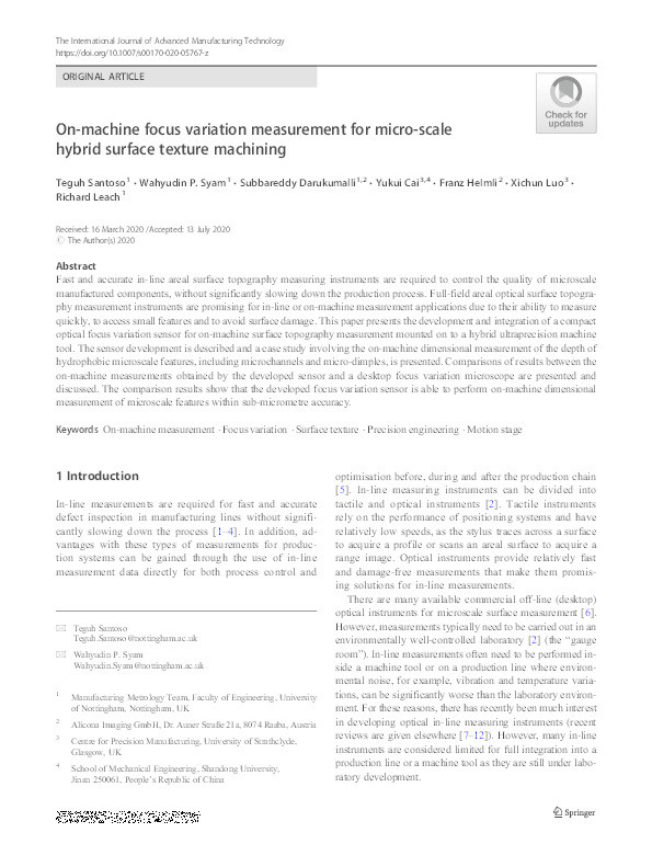 On-machine focus variation measurement for micro-scale hybrid surface texture machining Thumbnail