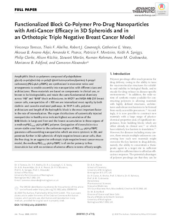 Functionalized block co-polymer pro-drug nanoparticles with anti-cancer efficacy in 3D spheroids and in an orthotopic triple negative breast cancer model Thumbnail