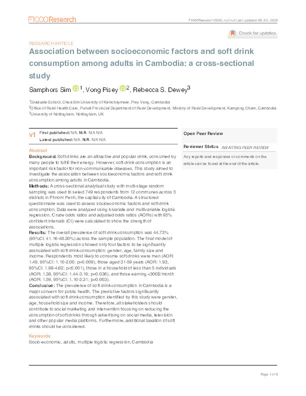 Association between socioeconomic factors and soft drink consumption among adults in Cambodia: a cross-sectional study Thumbnail