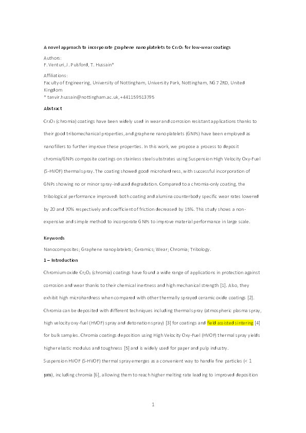 A novel approach to incorporate graphene nanoplatelets to Cr2O3 for low-wear coatings Thumbnail
