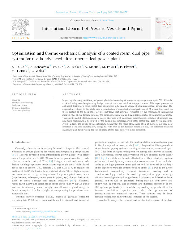 Optimisation and thermo-mechanical analysis of a coated steam dual pipe system for use in advanced ultra-supercritical power plant Thumbnail