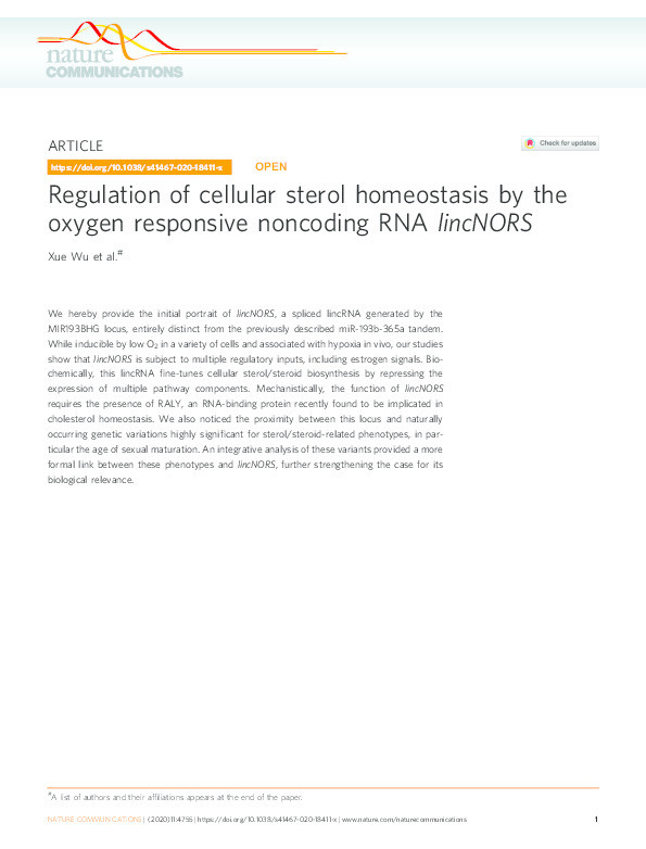 Regulation of cellular sterol homeostasis by the oxygen responsive noncoding RNA lincNORS Thumbnail