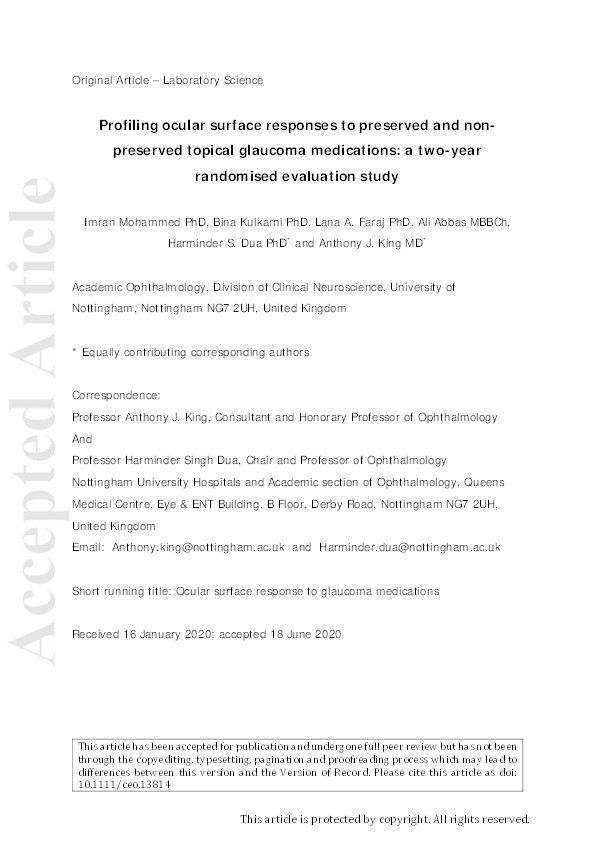 Profiling ocular surface responses to preserved and non‐preserved topical glaucoma medications: a two‐year randomised evaluation study Thumbnail