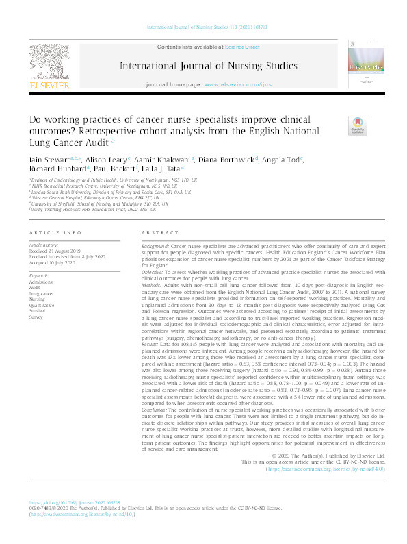 Do working practices of cancer nurse specialists improve clinical outcomes? Retrospective cohort analysis from the English National Lung Cancer Audit Thumbnail