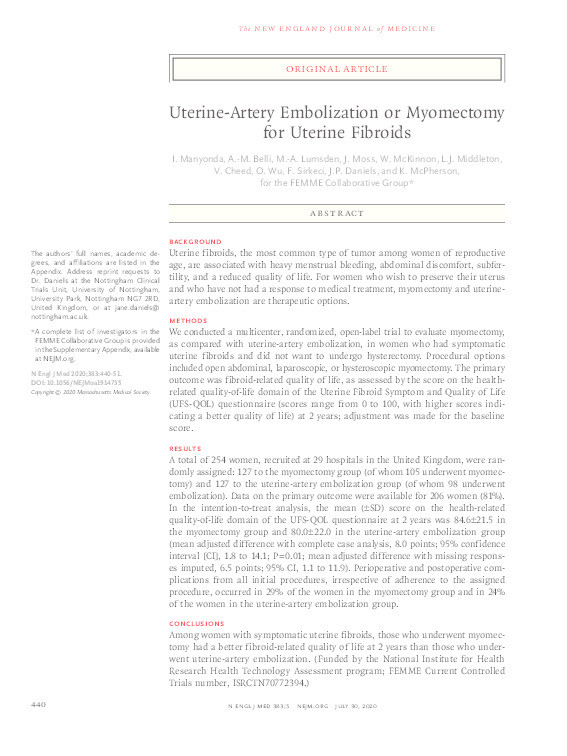 Uterine-Artery Embolization or Myomectomy for Uterine Fibroids Thumbnail