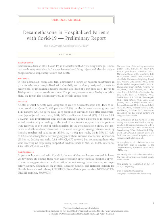 Dexamethasone in Hospitalized Patients with Covid-19 — Preliminary Report Thumbnail