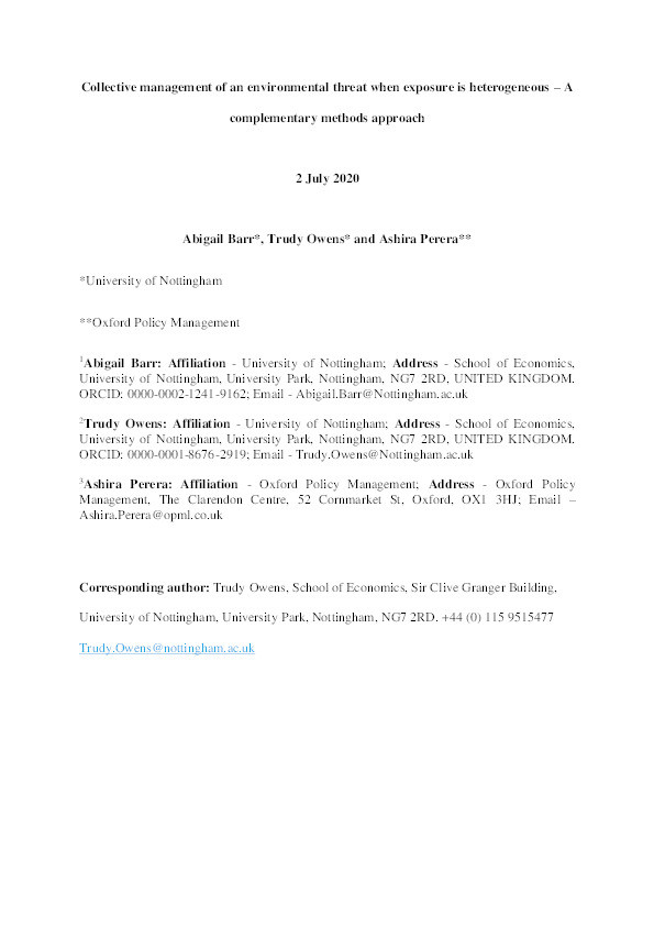 Collective management of an environmental threat when exposure is heterogeneous: A complementary methods approach Thumbnail