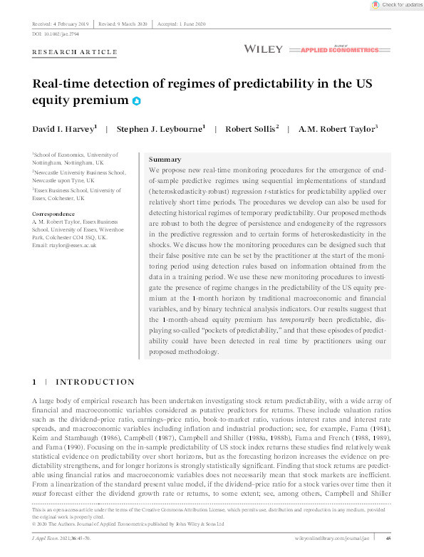 Real‐Time Detection of Regimes of Predictability in the U.S. Equity Premium Thumbnail