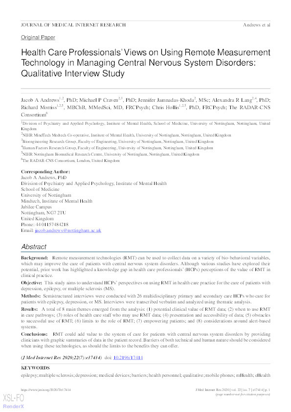 Health Care Professionals’ Views on Using Remote Measurement Technology in Managing Central Nervous System Disorders: Qualitative Interview Study Thumbnail