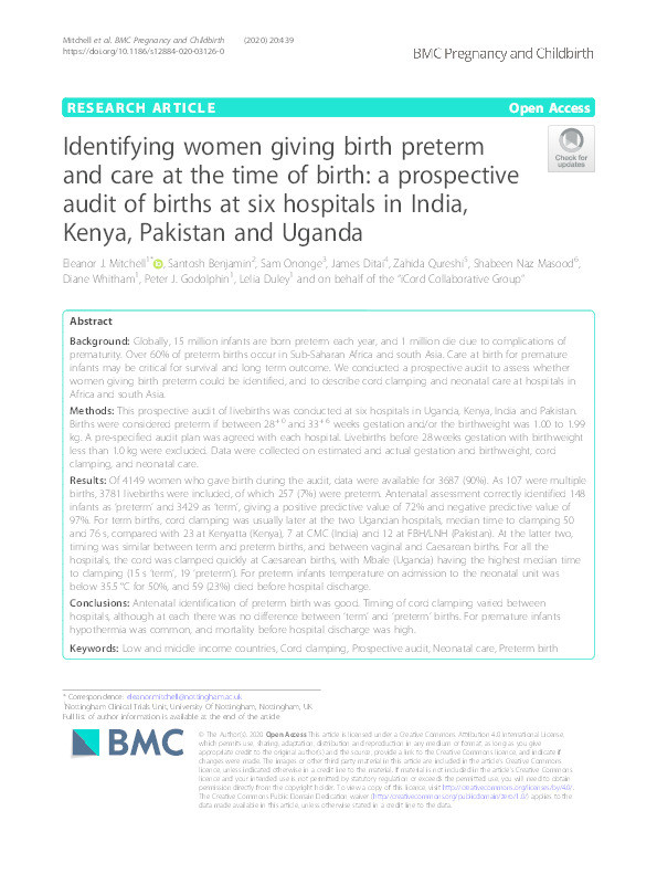 Identifying women giving birth preterm and care at the time of birth: a prospective audit of births at six hospitals in India, Kenya, Pakistan and Uganda Thumbnail