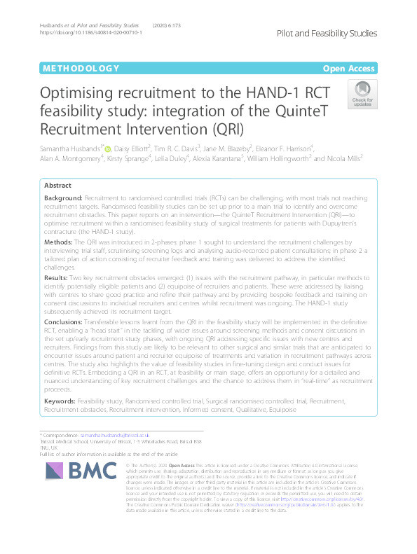 Optimising recruitment to the HAND-1 RCT feasibility study: integration of the QuinteT Recruitment Intervention (QRI) Thumbnail