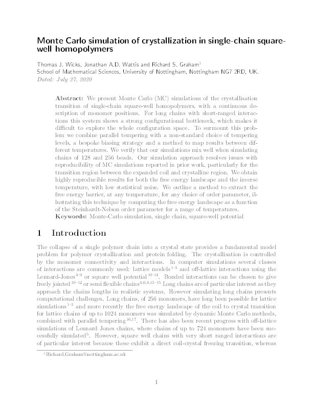 Monte–Carlo simulation of crystallization in single‐chain square‐well homopolymers Thumbnail