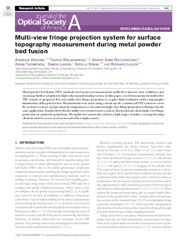 Multi-view fringe projection system for surface topography measurement during metal powder bed fusion Thumbnail