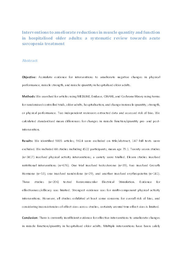 Interventions to ameliorate reductions in muscle quantity and function in hospitalised older adults: a systematic review towards acute sarcopenia treatment Thumbnail