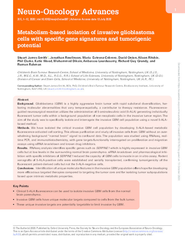 Metabolism based isolation of invasive glioblastoma cells with specific gene signatures and tumorigenic potential Thumbnail