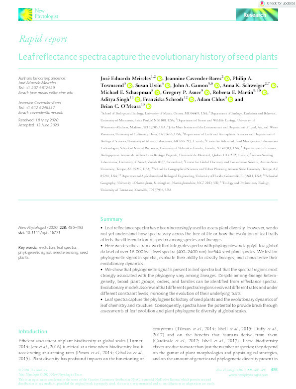 Leaf reflectance spectra capture the evolutionary history of seed plants Thumbnail