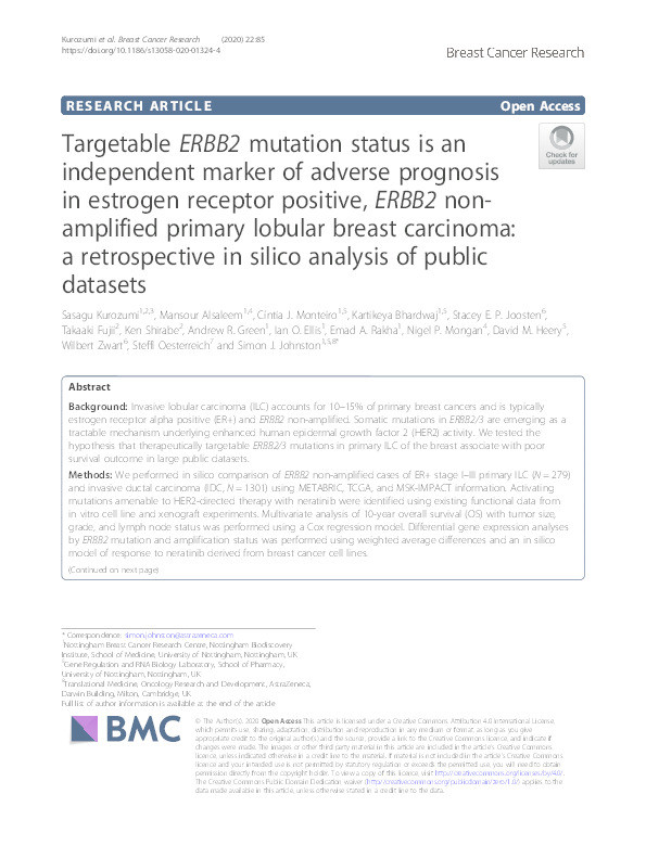 Targetable ERBB2 mutation status is an independent marker of adverse prognosis in estrogen receptor positive, ERBB2 non-amplified primary lobular breast carcinoma: a retrospective in silico analysis of public datasets Thumbnail