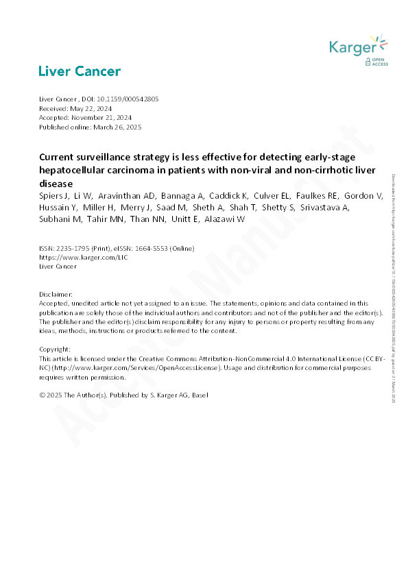 Current Surveillance Strategy Is Less Effective for Detecting Early-Stage Hepatocellular Carcinoma in Patients with Non-Viral and Non-Cirrhotic Liver Disease Thumbnail