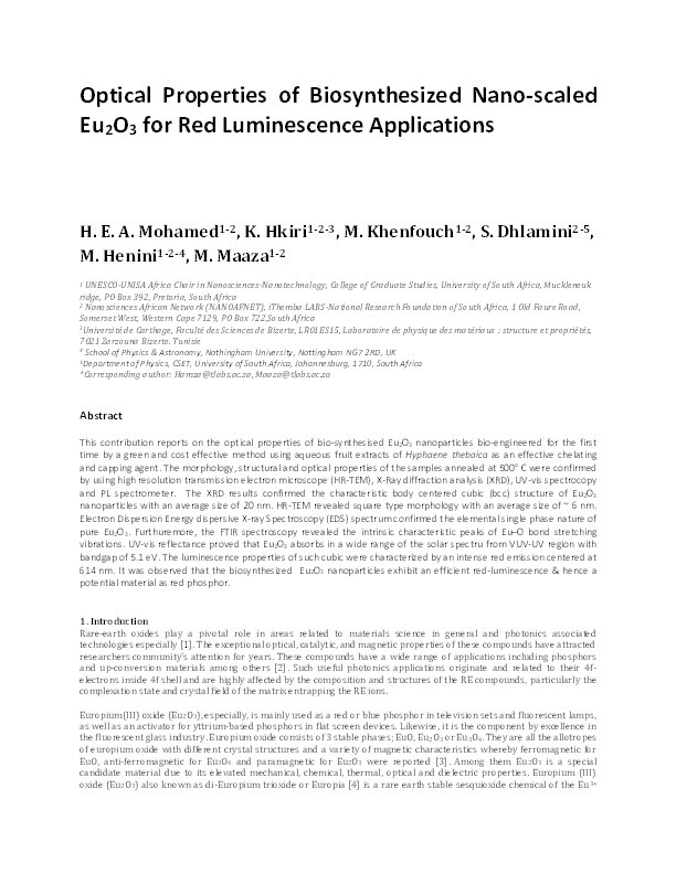 Optical properties of biosynthesized nanoscaled Eu2O3 for red luminescence applications Thumbnail