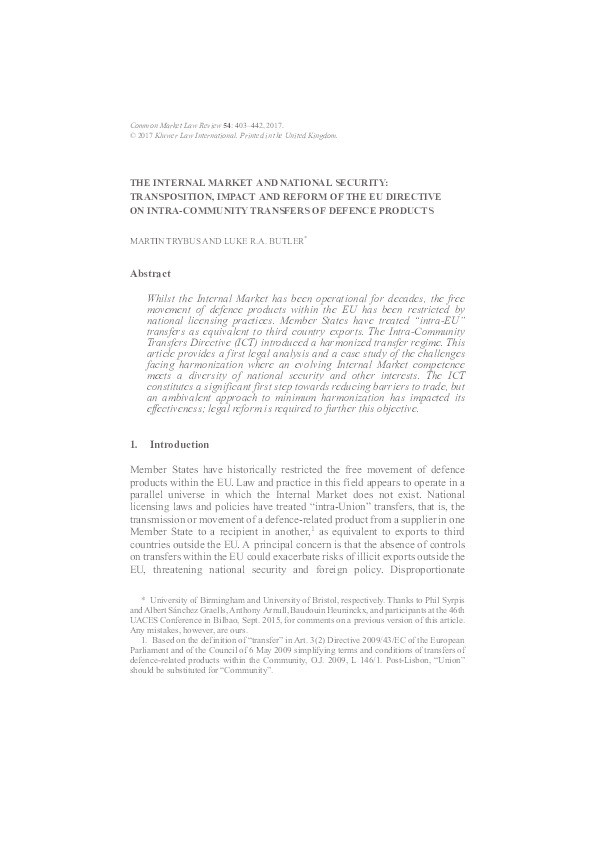 The internal market and national security: Transposition, impact and reform of the EU Directive on Intra-Community Transfers of Defence Products Thumbnail