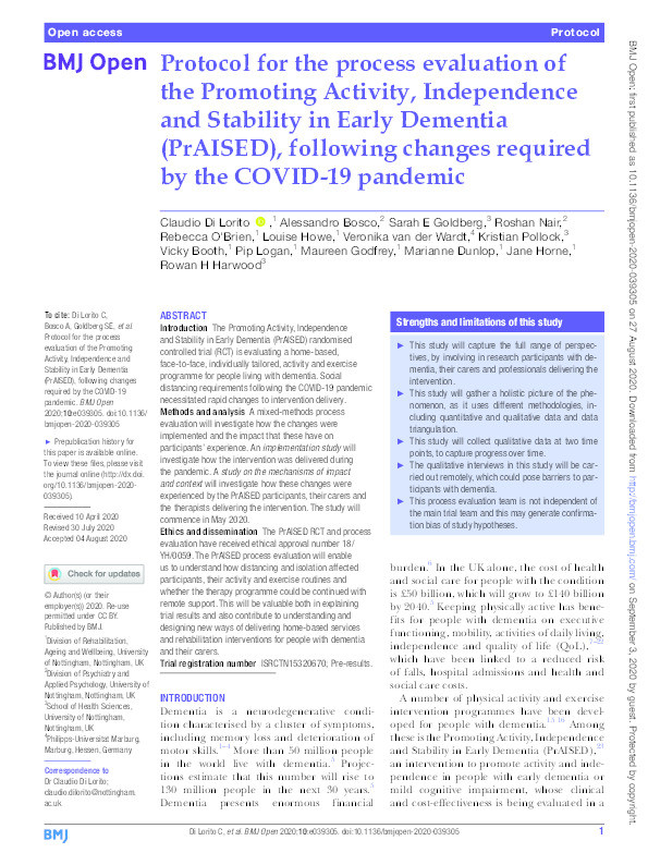 Protocol for the process evaluation of the Promoting Activity, Independence and stability in early Dementia (PrAISED), following changes required by the COVID-19 pandemic Thumbnail