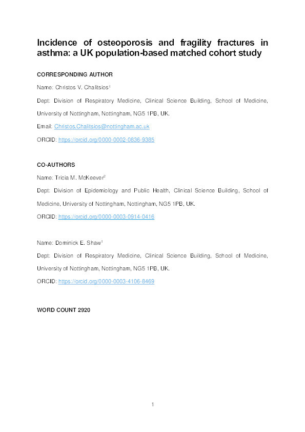Incidence of osteoporosis and fragility fractures in asthma: a UK population-based matched cohort study Thumbnail