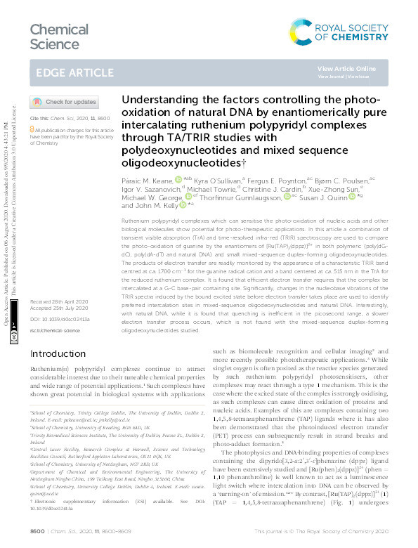 Understanding the factors controlling the photo-oxidation of natural DNA by enantiomerically pure intercalating ruthenium polypyridyl complexes through TA/TRIR studies with polydeoxynucleotides and mixed sequence oligodeoxynucleotides Thumbnail