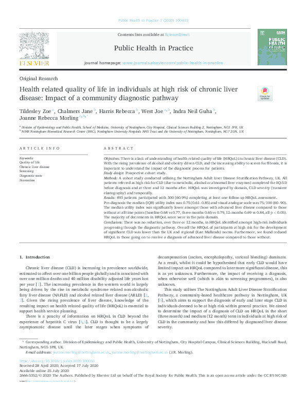 Health related quality of life in individuals at high risk of chronic liver disease: Impact of a community diagnostic pathway Thumbnail