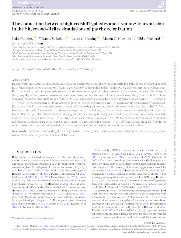 The connection between high-redshift galaxies and Lyman α transmission in the Sherwood–Relics simulations of patchy reionization Thumbnail