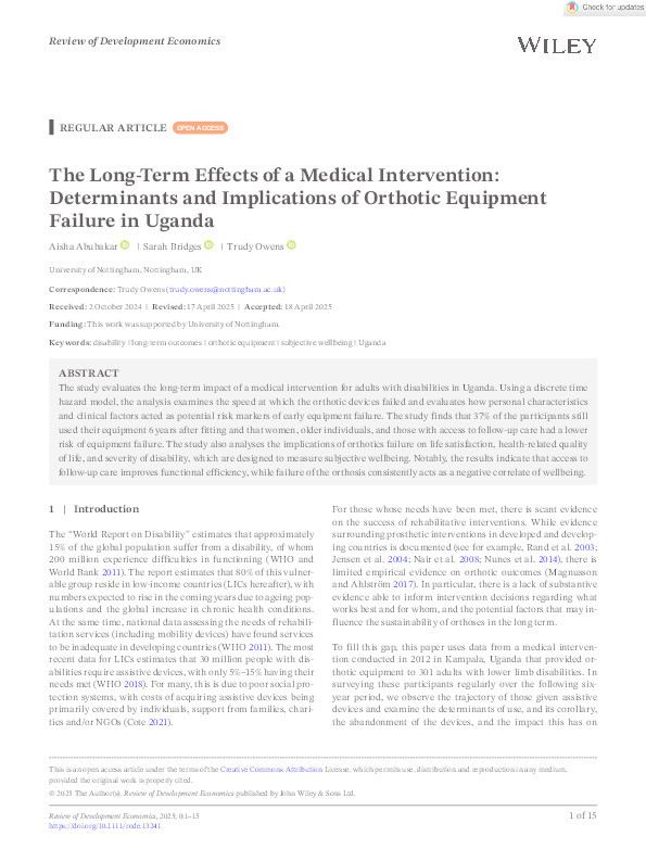 The Long‐Term Effects of a Medical Intervention: Determinants and Implications of Orthotic Equipment Failure in Uganda Thumbnail