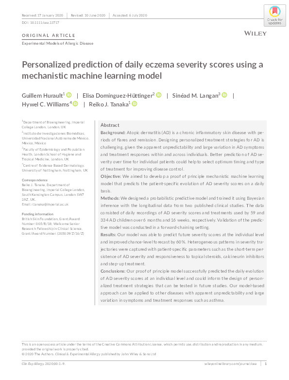 Personalised prediction of daily eczema severity scores using a mechanistic machine learning model Thumbnail