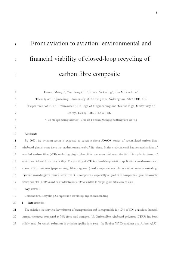 From aviation to aviation: Environmental and financial viability of closed-loop recycling of carbon fibre composite Thumbnail