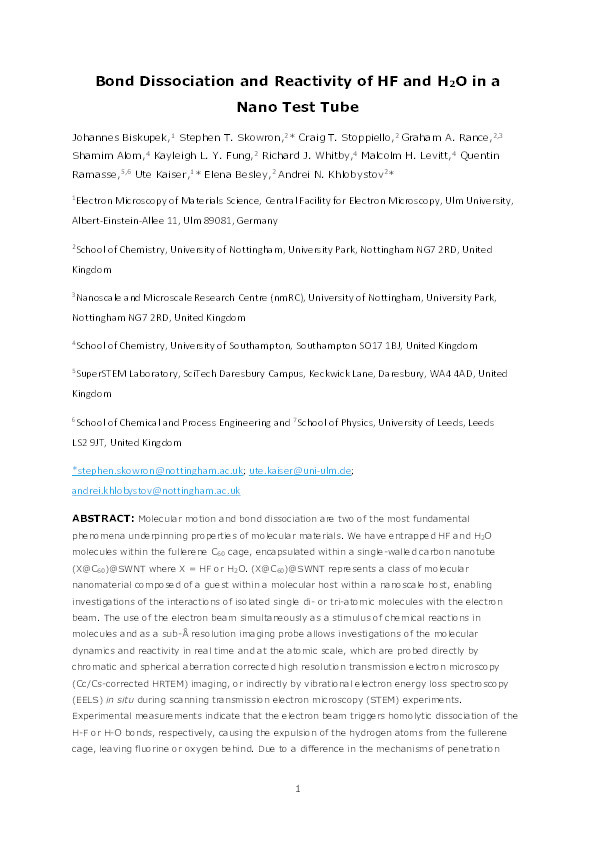 Bond Dissociation and Reactivity of HF and H2O in a Nano Test Tube Thumbnail