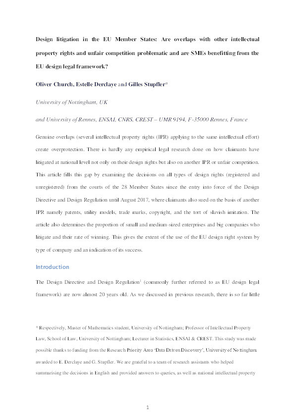 Design litigation in the EU Member States: Are overlaps with other intellectual property rights and unfair competition problematic and are SMEs benefitting from the EU design legal framework? Thumbnail