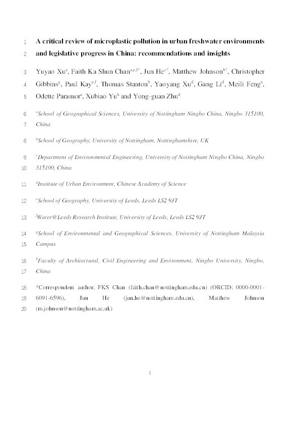 A critical review of microplastic pollution in urban freshwater environments and legislative progress in China: recommendations and insights Thumbnail