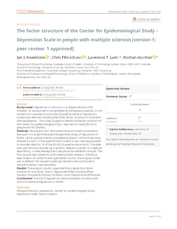 The factor structure of the Center for Epidemiological Study - Depression Scale in people with multiple sclerosis Thumbnail