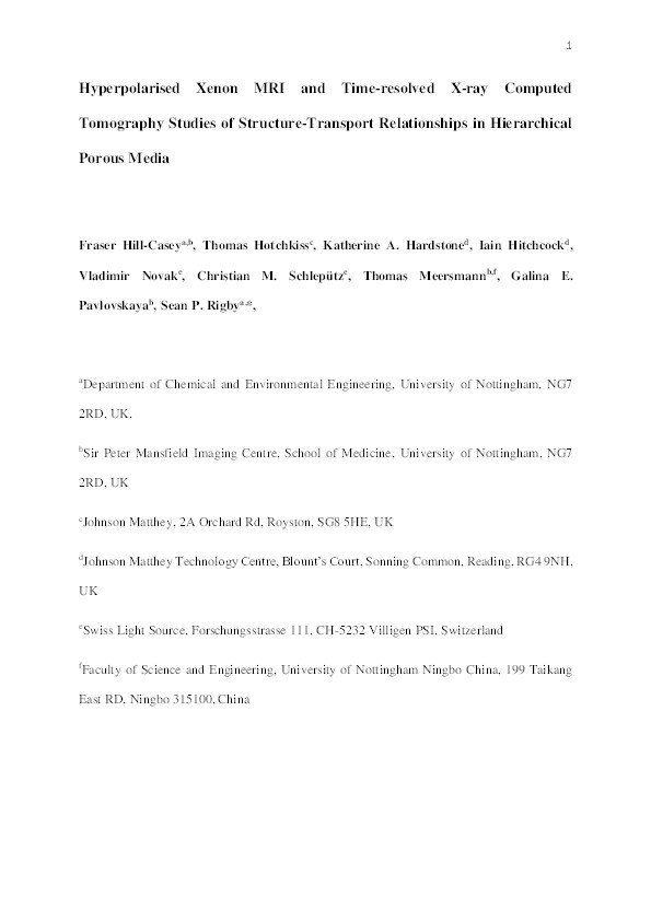 Hyperpolarised xenon MRI and time-resolved X-ray computed tomography studies of structure-transport relationships in hierarchical porous media Thumbnail