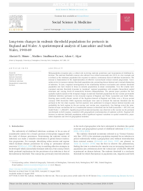 Long-Term Changes in Endemic Threshold Populations for Pertussis in England and Wales: A Spatiotemporal Analysis of Lancashire and South Wales, 1940-69 Thumbnail