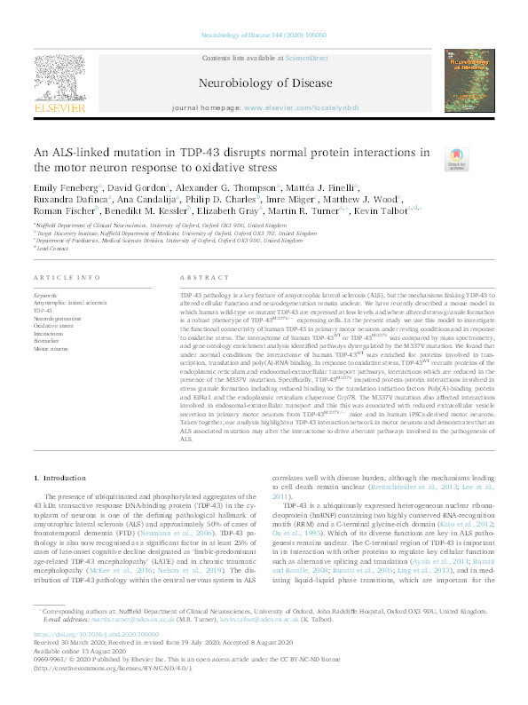 An ALS-linked mutation in TDP-43 disrupts normal protein interactions in the motor neuron response to oxidative stress Thumbnail