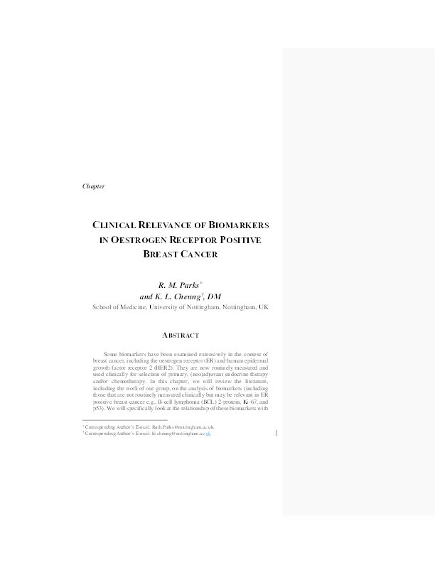 Clinical relevance of biomarkers in oestrogen receptor positive breast cancer Thumbnail