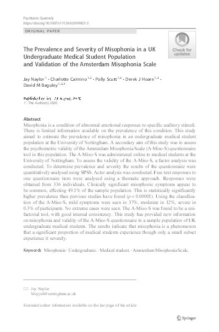 The Prevalence and Severity of Misophonia in a UK Undergraduate Medical Student Population and Validation of the Amsterdam Misophonia Scale Thumbnail