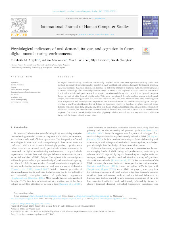 Physiological Indicators of Task Demand, Fatigue, and Cognition in Future Digital Manufacturing Environments Thumbnail