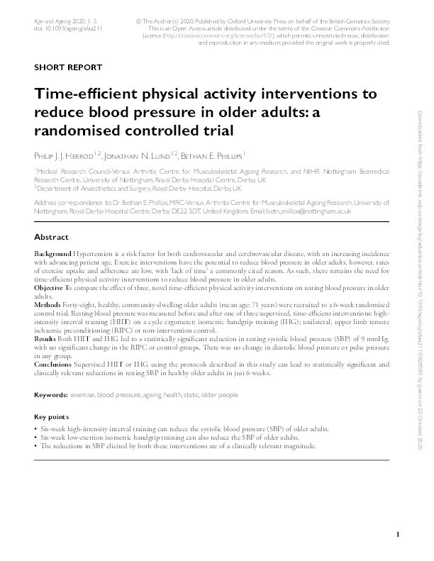 Time-efficient physical activity interventions to reduce blood pressure in older adults: a randomized controlled trial Thumbnail