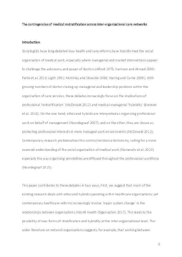 The contingencies of medical restratification across inter-organisational care networks Thumbnail