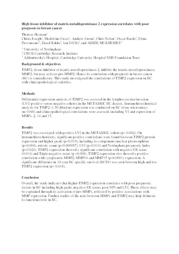 High tissue inhibitor of matrix-metalloproteinase 2 expression correlates with poor prognosis in breast cancer Thumbnail