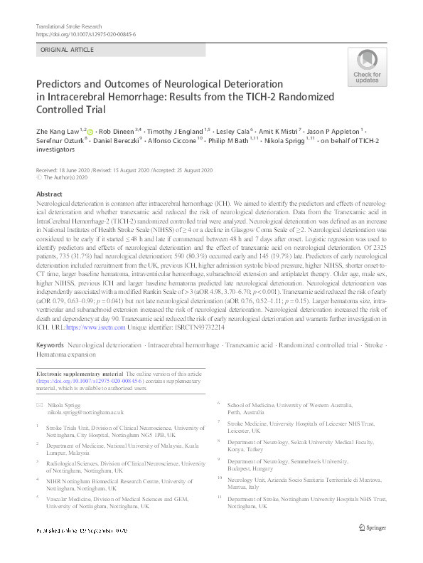 Predictors and outcomes of neurological deterioration in intracerebral hemorrhage: results from the TICH-2 randomised controlled trial Thumbnail