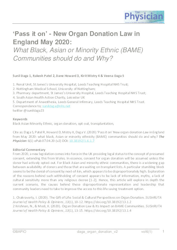 ‘Pass it on’ - New Organ Donation Law in England May 2020: What Black, Asian or Minority Ethnic (BAME) Communities should do and Why? Thumbnail