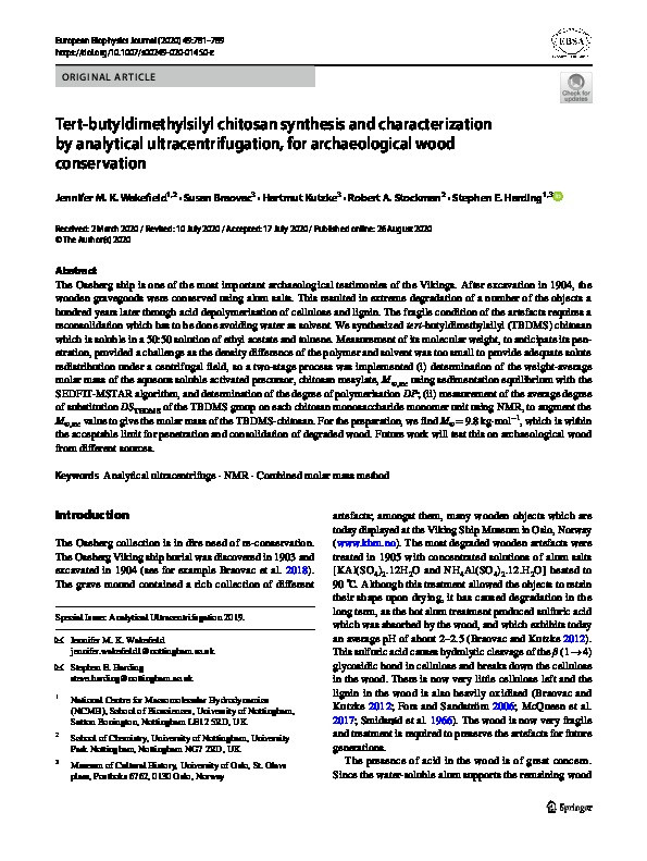 Tert-butyldimethylsilyl chitosan synthesis and characterization by analytical ultracentrifugation, for archaeological wood conservation Thumbnail