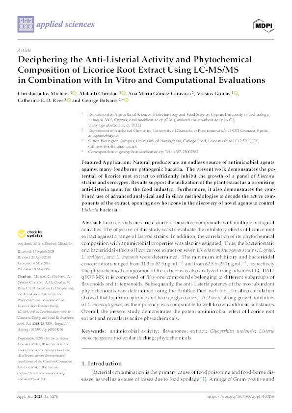 Deciphering the Anti-Listerial Activity and Phytochemical Composition of Licorice Root Extract Using LC-MS/MS in Combination with In Vitro and Computational Evaluations Thumbnail