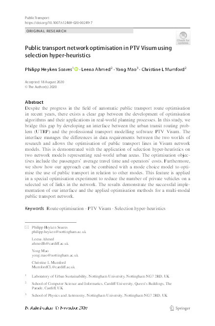 Public transport network optimisation in PTV Visum using selection hyper-heuristics Thumbnail